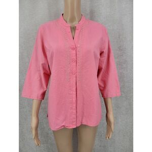 Linen Cotton Pink Women's Embellished Embroidered Button-Front Top